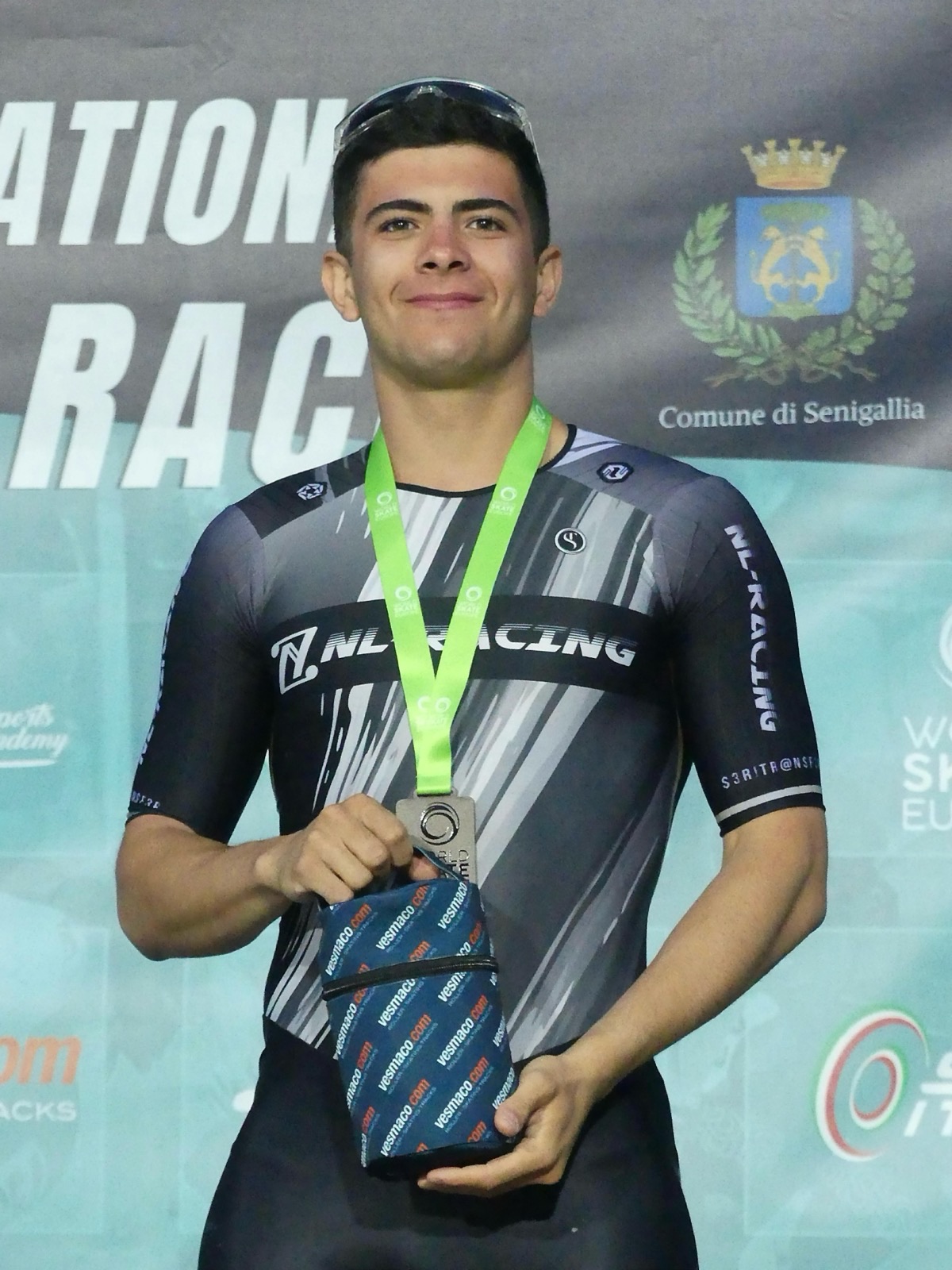 Alessio Piergigli with his silver medal at the European Track Series in Senigallia