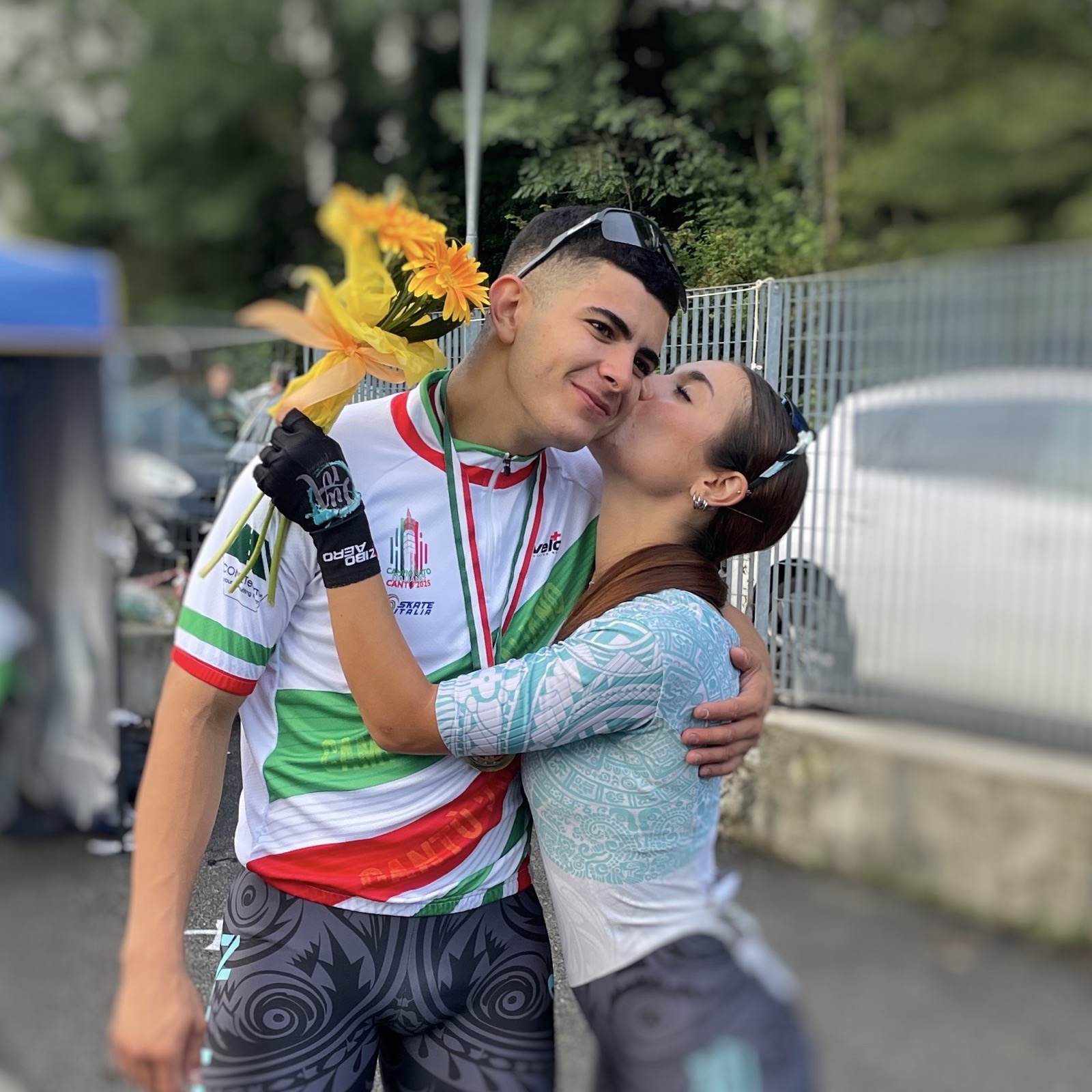 Alessio Piergigli celebrating his double gold at the Italian Road Championship in Cantù